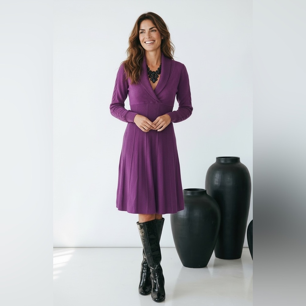 Nine West Purple Shawl-Collar Long-Sleeve Fit & Flare Dress